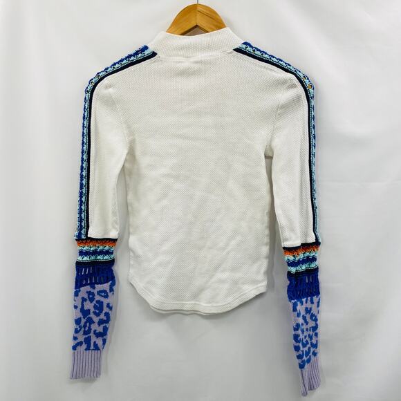 Free People white mock neck colorful knit crochet cuff thermal - Picture 9 of 10